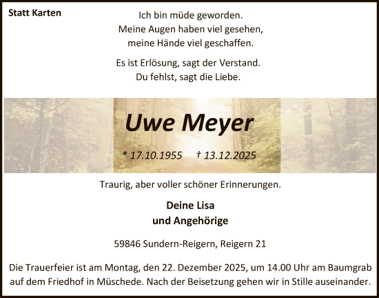 Traueranzeige von Uwe Meyer von HASK