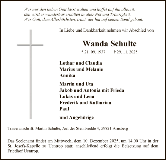 Traueranzeige von Wanda Schulte von HASK