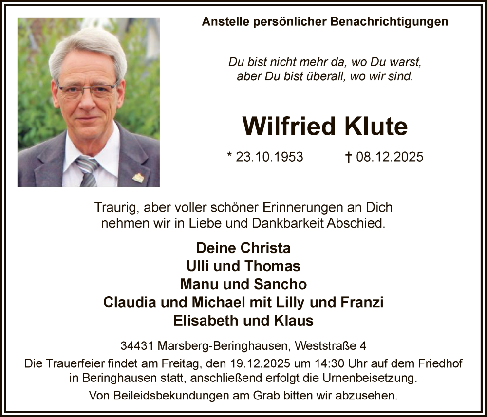  Traueranzeige für Wilfried Klute vom 13.12.2025 aus HASK