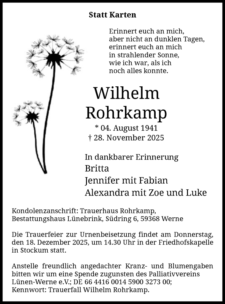  Traueranzeige für Wilhelm Rohrkamp vom 13.12.2025 aus HAWA