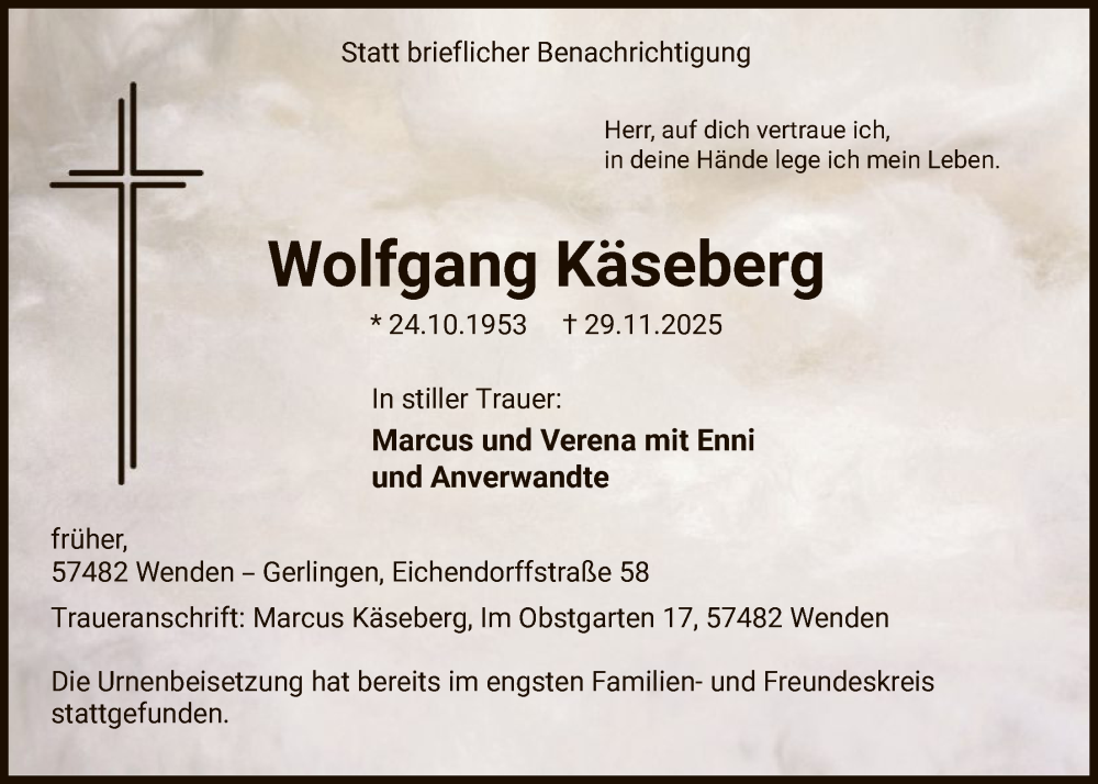  Traueranzeige für Wolfgang Käseberg vom 06.12.2025 aus HASK