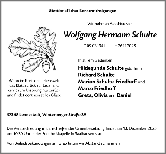 Traueranzeige von Wolfgang Hermann Schulte von HASK