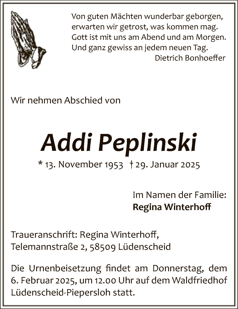  Traueranzeige für Addi Peplinski vom 01.02.2025 aus WA