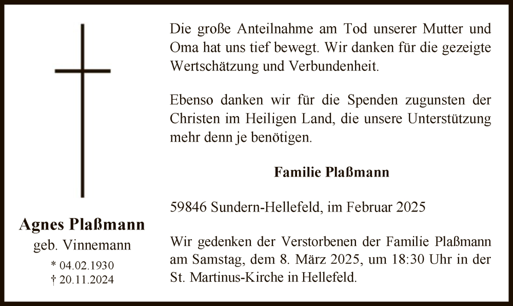  Traueranzeige für Agnes Plaßmann vom 01.02.2025 aus WA