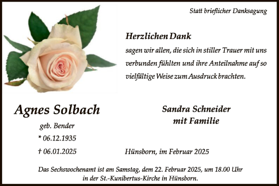 Traueranzeige von Agnes Solbach von WA