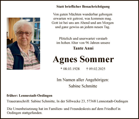 Traueranzeige von Agnes Sommer von WA