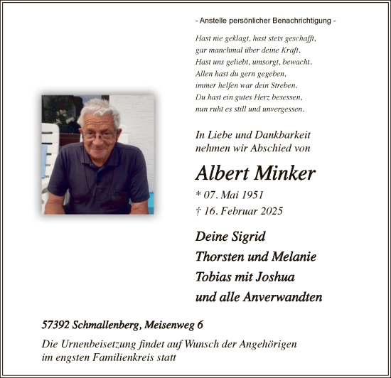 Traueranzeige von Albert Minker von WA