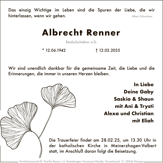 Traueranzeige von Albrecht Renner von WA