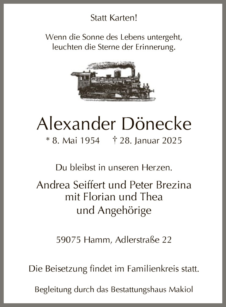  Traueranzeige für Alexander Dönecke vom 08.02.2025 aus WA