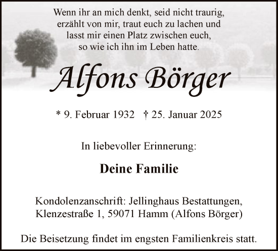 Traueranzeige von Alfons Börger von WA