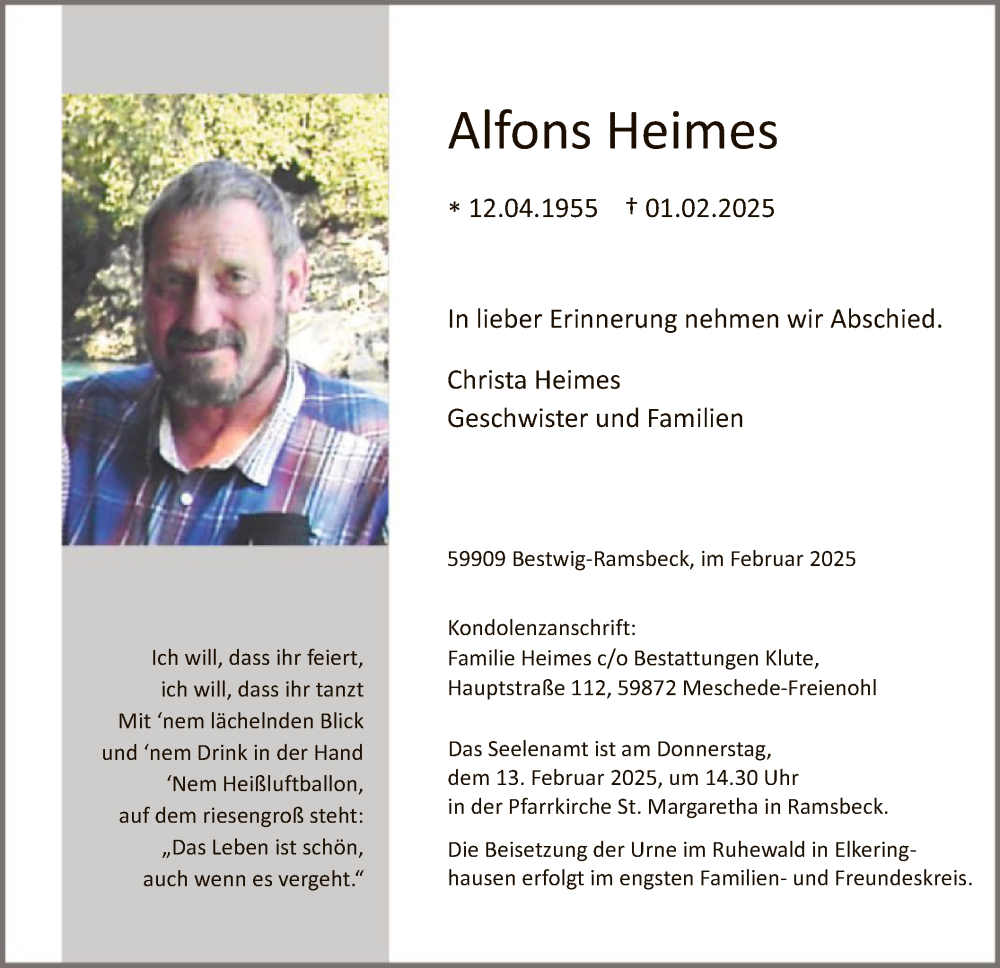  Traueranzeige für Alfons Heimes vom 08.02.2025 aus WA