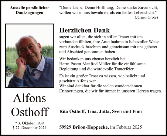 Traueranzeige von Alfons Osthoff von WA