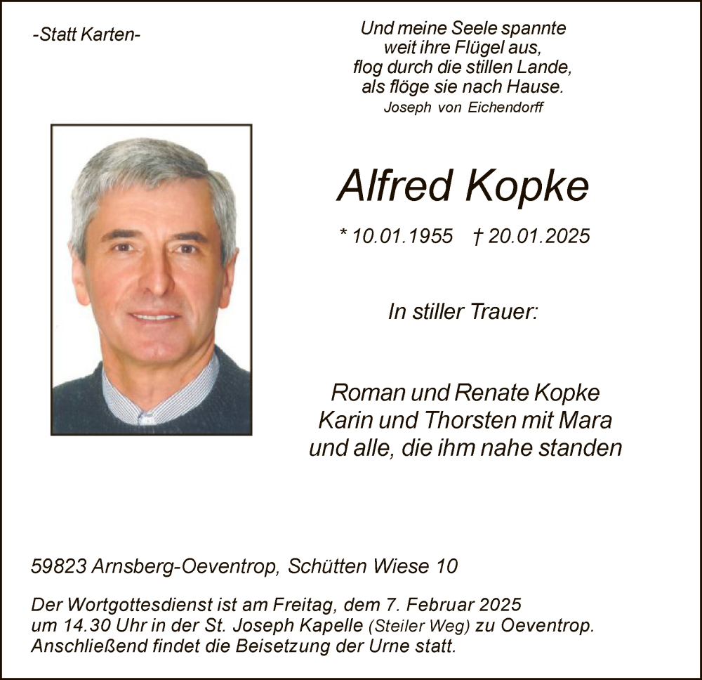  Traueranzeige für Alfred Kopke vom 01.02.2025 aus WA