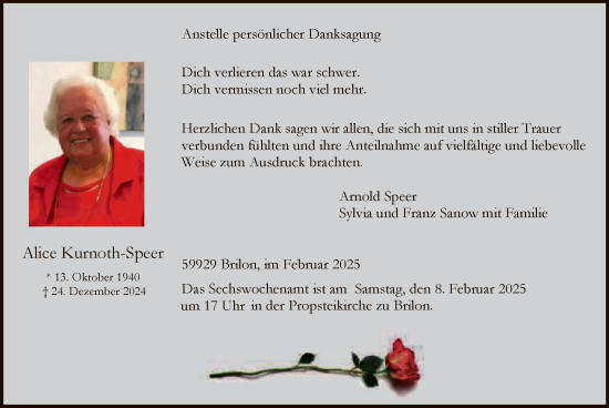 Traueranzeige von Alice Kurnoth-Speer von WA
