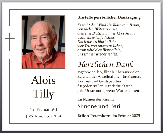 Traueranzeige von Alois Tilly von WA