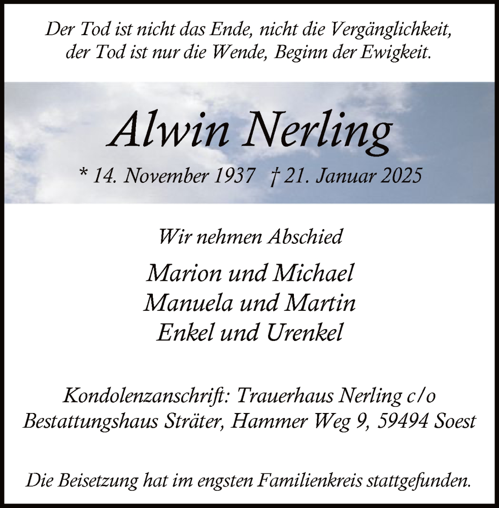  Traueranzeige für Alwin Nerling vom 01.02.2025 aus WA