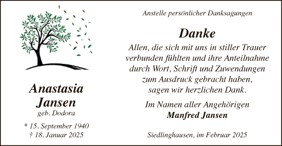 Traueranzeige von Anastasia Jansen von WA