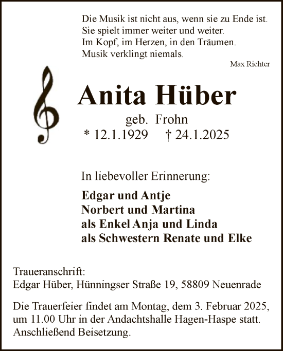 Traueranzeige von Anita Hüber von WA