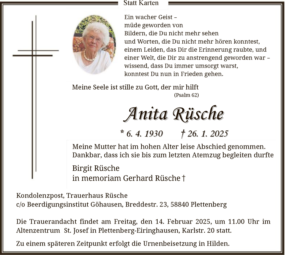  Traueranzeige für Anita Rüsche vom 08.02.2025 aus WA