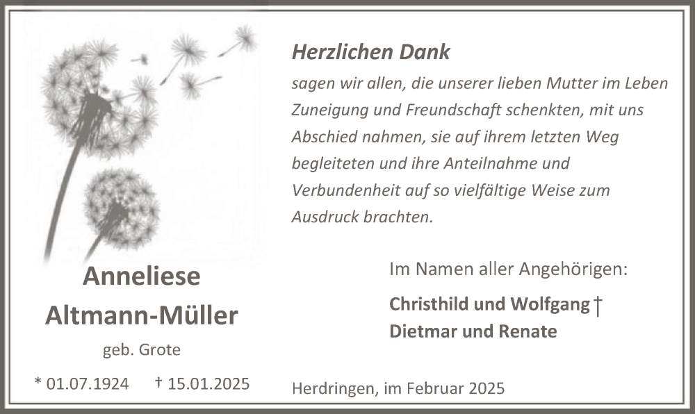  Traueranzeige für Anneliese Altmann-Müller vom 15.02.2025 aus WA