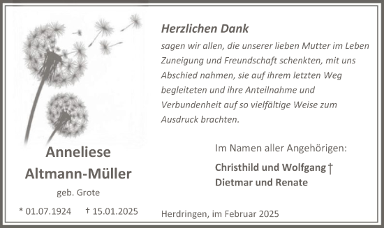 Traueranzeige von Anneliese Altmann-Müller von WA