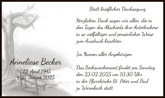 Traueranzeige von Anneliese Becker von WA