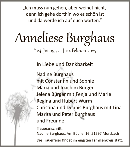 Traueranzeige von Anneliese Burghaus von WA