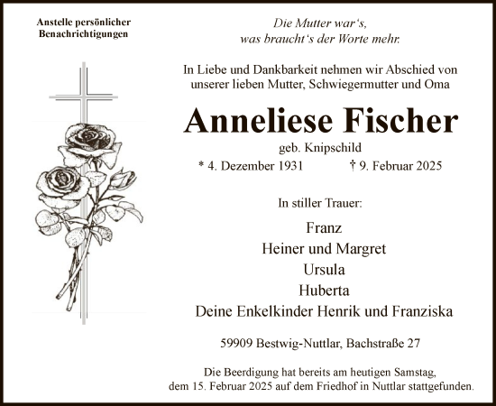 Traueranzeige von Anneliese Fischer von WA