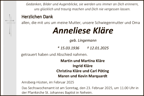 Traueranzeige von Anneliese Kläre von WA