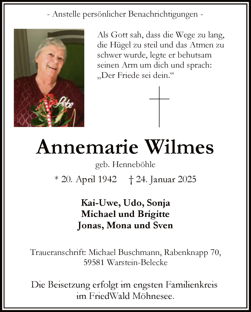  Traueranzeige für Annemarie Wilmes vom 01.02.2025 aus WA