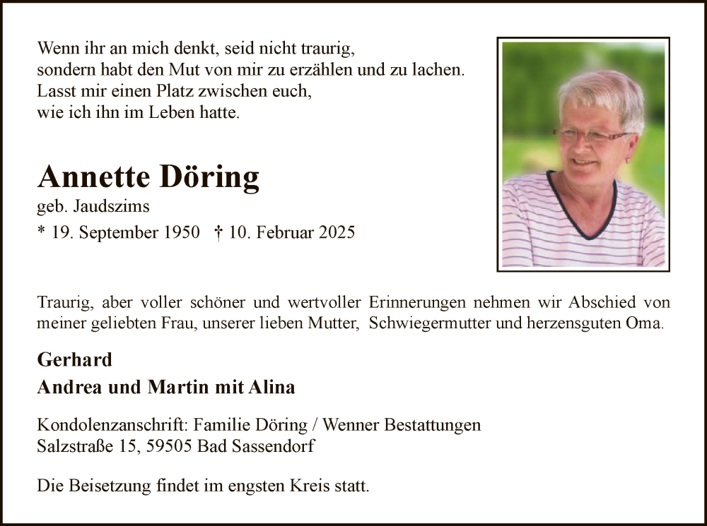  Traueranzeige für Annette Döring vom 15.02.2025 aus WA