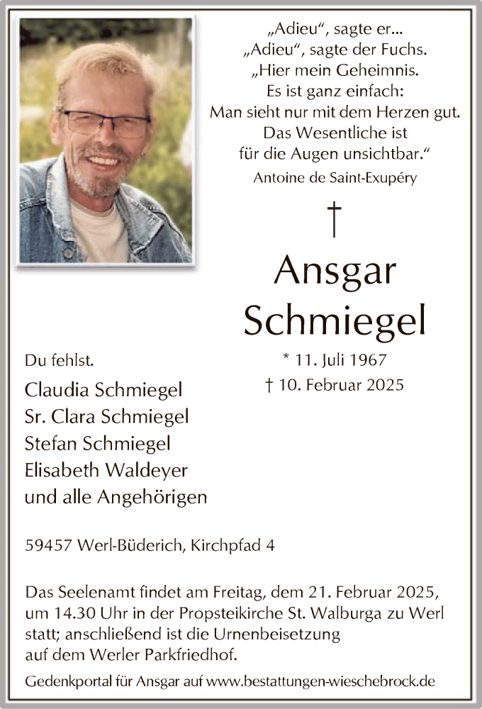  Traueranzeige für Ansgar Schmiegel vom 15.02.2025 aus WA