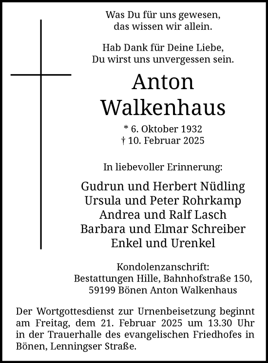 Traueranzeige von Anton Walkenhaus von WA