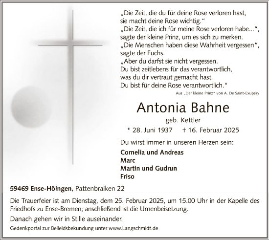Traueranzeige von Antonia Bahne von WA