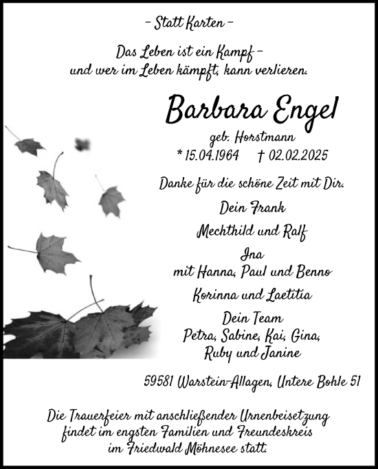Traueranzeige von Barbara Engel von WA
