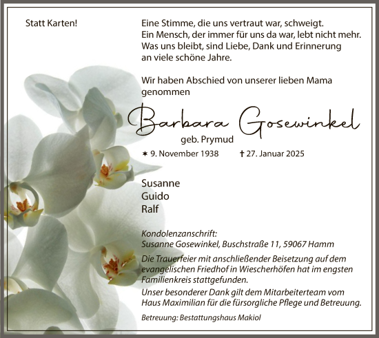 Traueranzeige von Barbara Gosewinkel von WA
