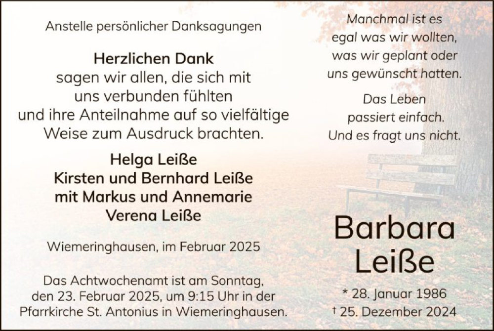 Traueranzeige für Barbara Leiße vom 15.02.2025 aus WA