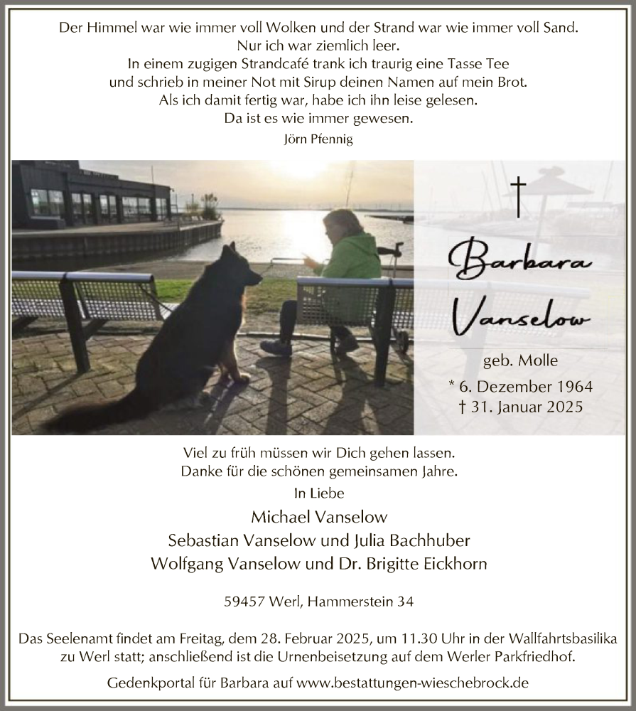  Traueranzeige für Barbara Vanselow vom 08.02.2025 aus WA