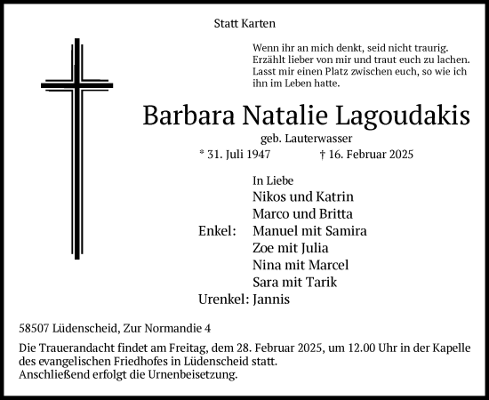 Traueranzeige von Barbara Natalie Lagoudakis von WA