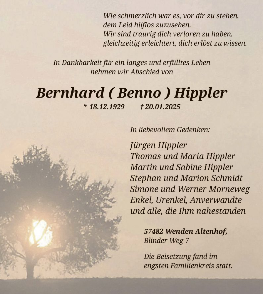  Traueranzeige für Bernhard Hippler vom 01.02.2025 aus WA