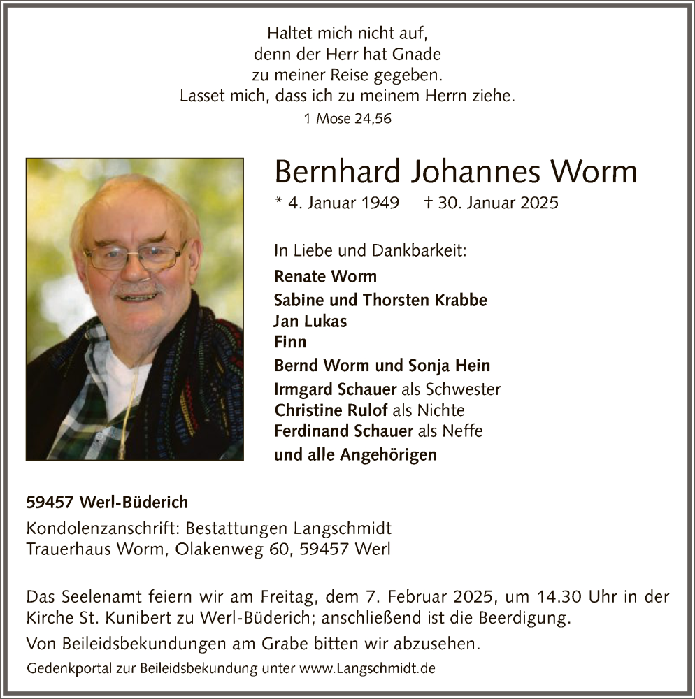  Traueranzeige für Bernhard Johannes Worm vom 01.02.2025 aus WA