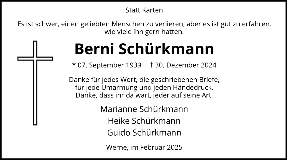  Traueranzeige für Berni Schürkmann vom 08.02.2025 aus WA