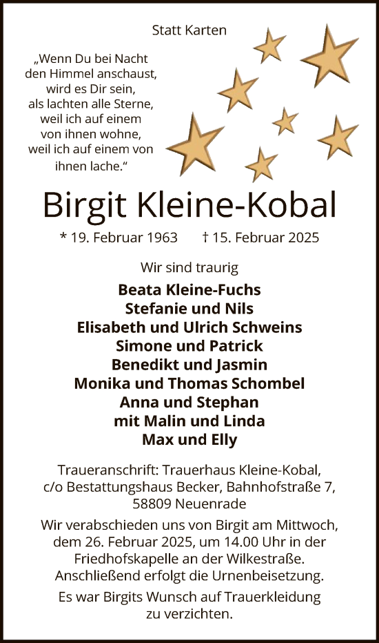 Traueranzeige von Birgit Kleine-Kobal von WA