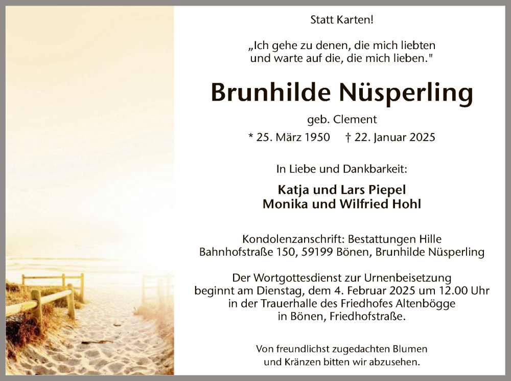  Traueranzeige für Brunhilde Nüsperling vom 01.02.2025 aus WA