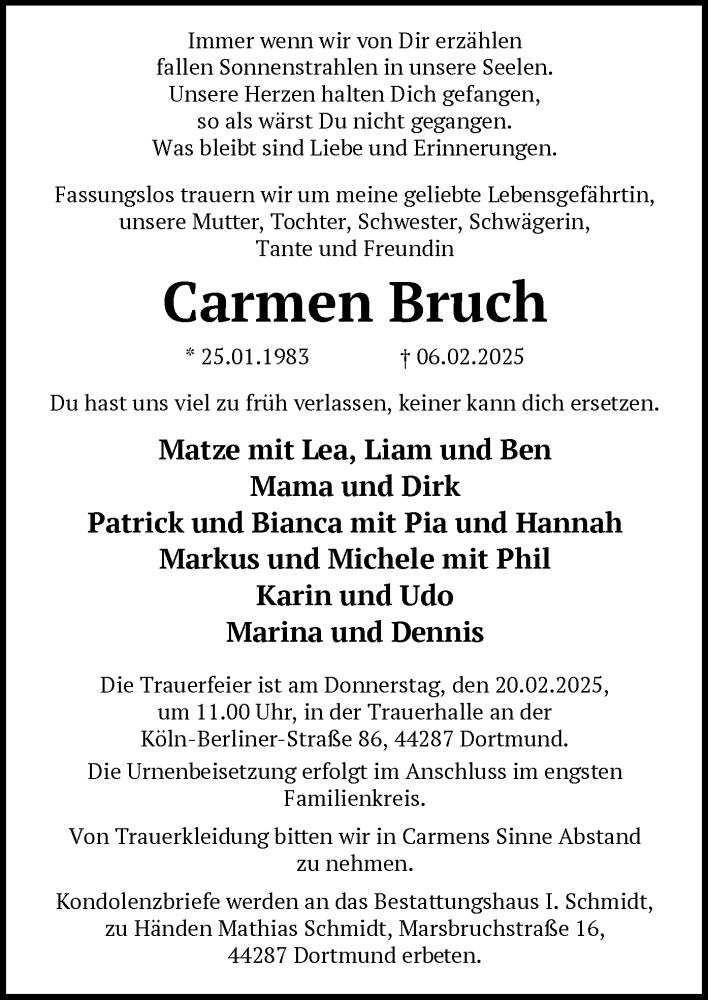  Traueranzeige für Carmen Bruch vom 12.02.2025 aus WA