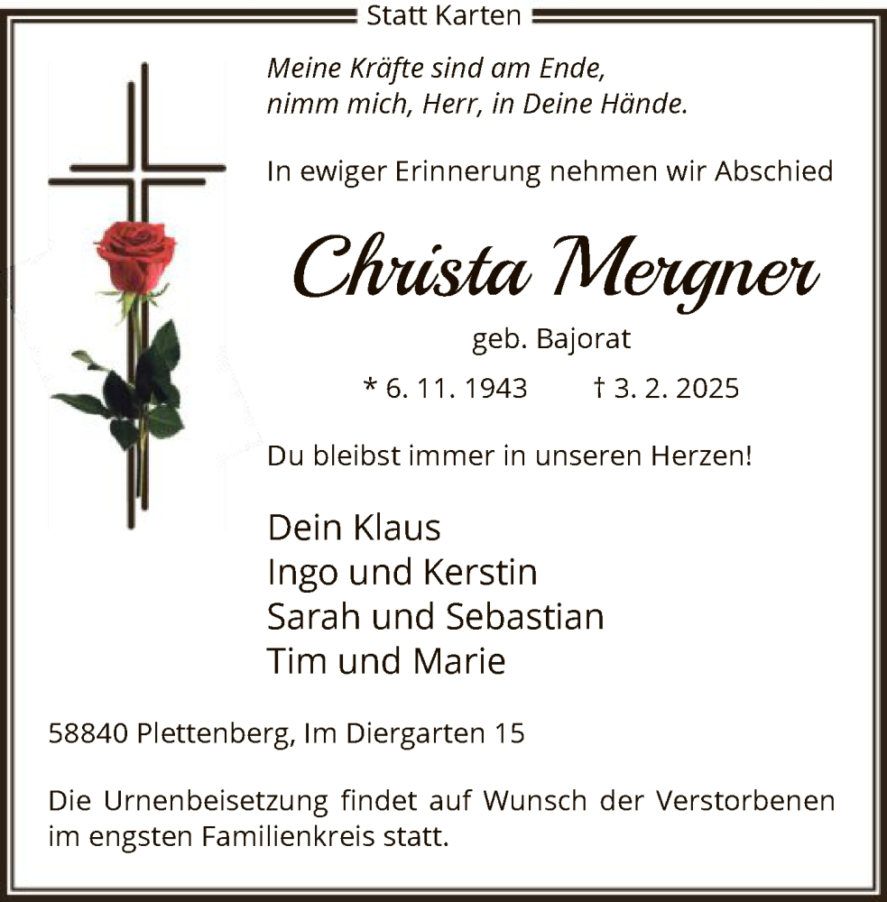  Traueranzeige für Christa Mergner vom 08.02.2025 aus WA