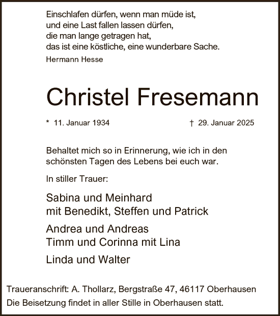 Traueranzeige von Christel Fresemann von WA