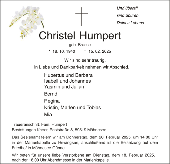 Traueranzeige von Christel Humpert von WA