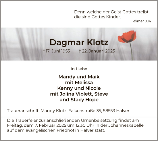 Traueranzeige von Dagmar Klotz von WA