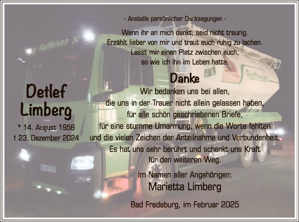  Traueranzeige für Detlef Limberg vom 01.02.2025 aus WA